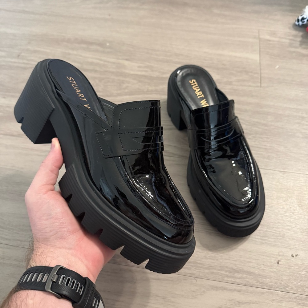Stuart Weitzman Black Patent Leather Platform Loafer Mules